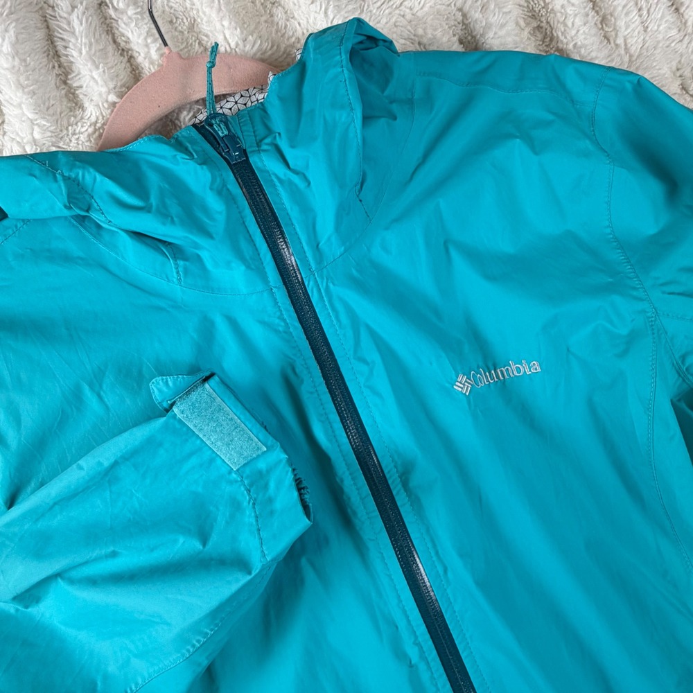 Columbia Womens Teal Blue Hooded Rain Jacket Windbreaker XL Full Zip RN 69724